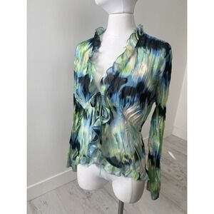 Semi Sheer Tie Front Ruffle Blouse Y2K Crinkle Long Sleeve Top
